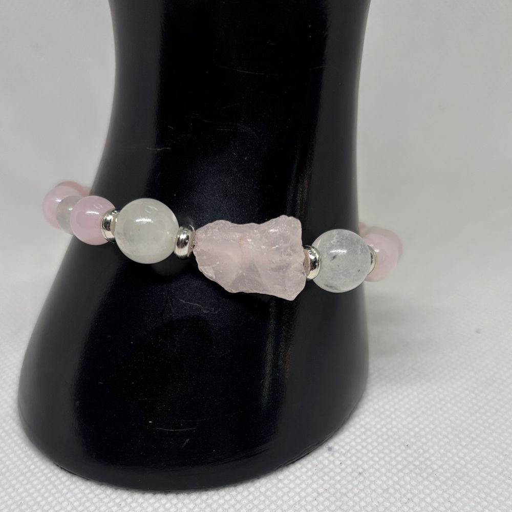Handmade Rose Quartz and Moonstone Stretch Bracelet Romantic Barbiecore - Picture 2 of 4